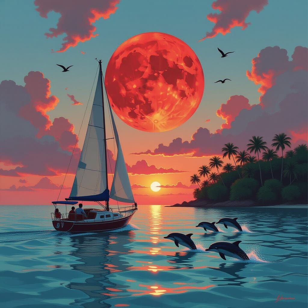Sailboat, Red Moon, and Dolphins at Sunset