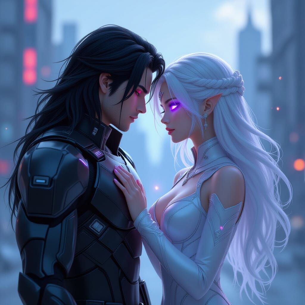 Anime Couple in Sci-Fi Setting with Soft Lighting