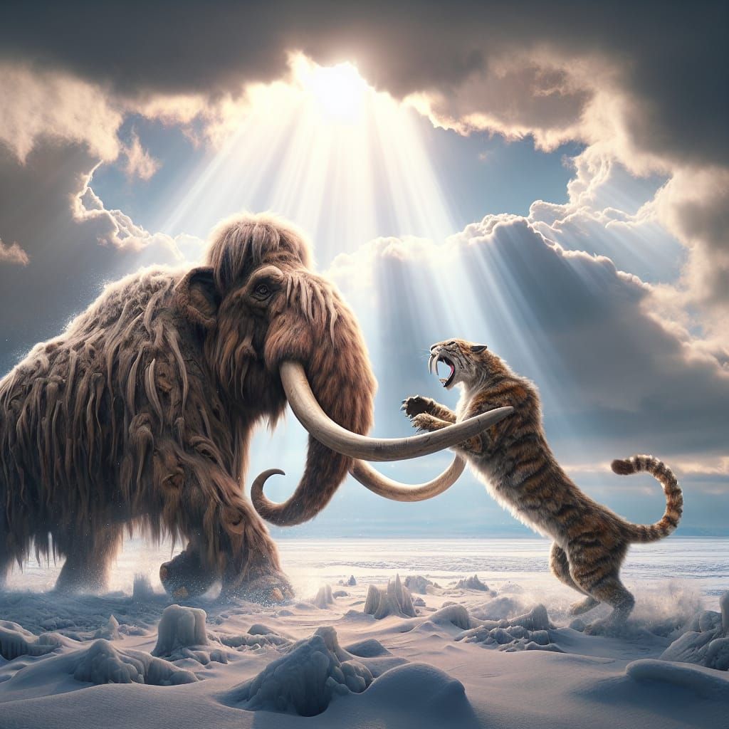 Woolly Mammoth vs Saber-Toothed Cat in Dreamy Light