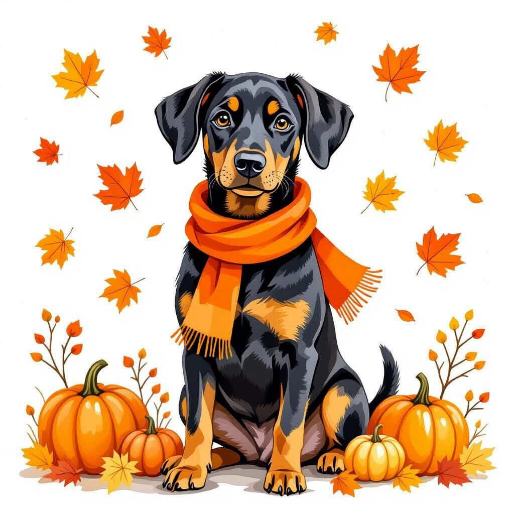 Doberman in Autumnal Watercolor Illustration
