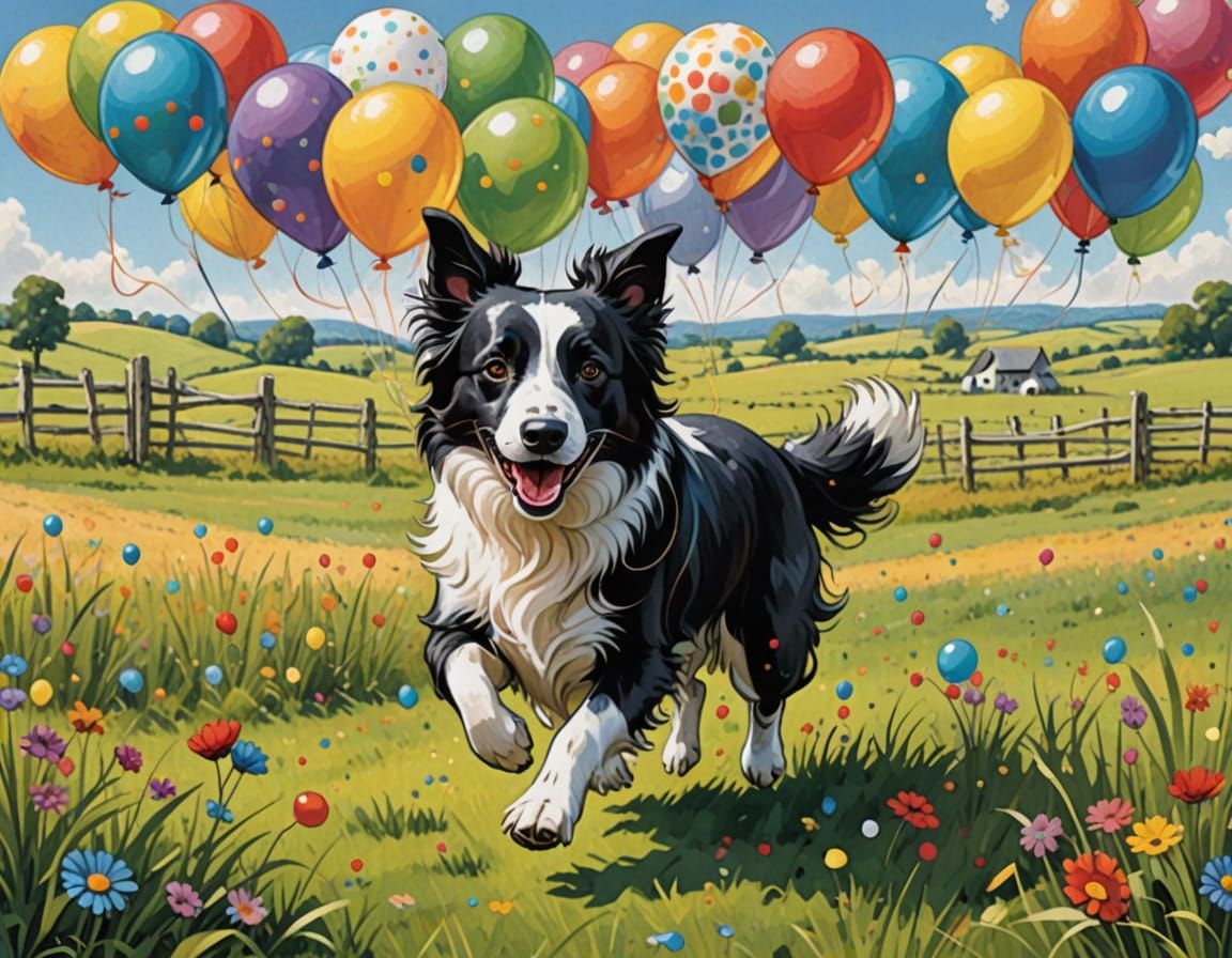 Border Collie Herding Balloons in Whimsical Meadow