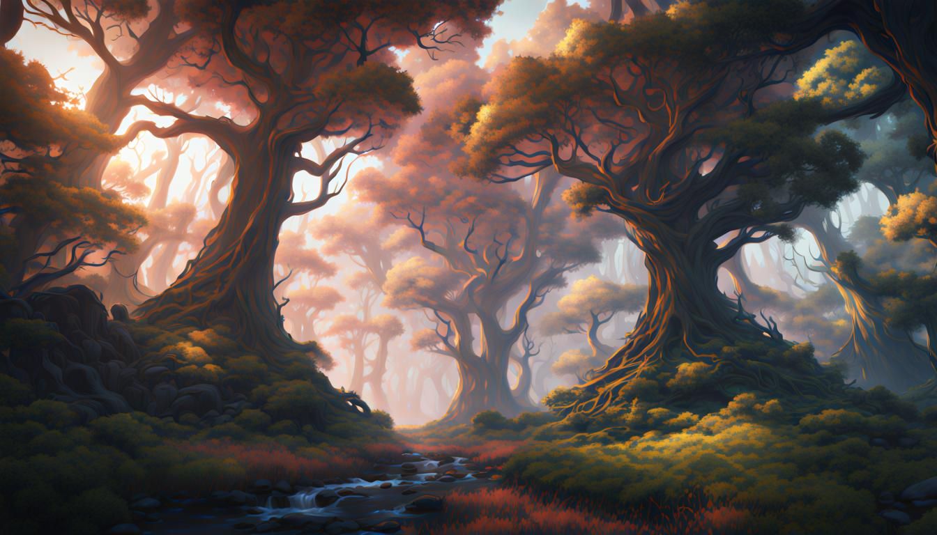 Lush Anime Forest in Detailed Digital Painting