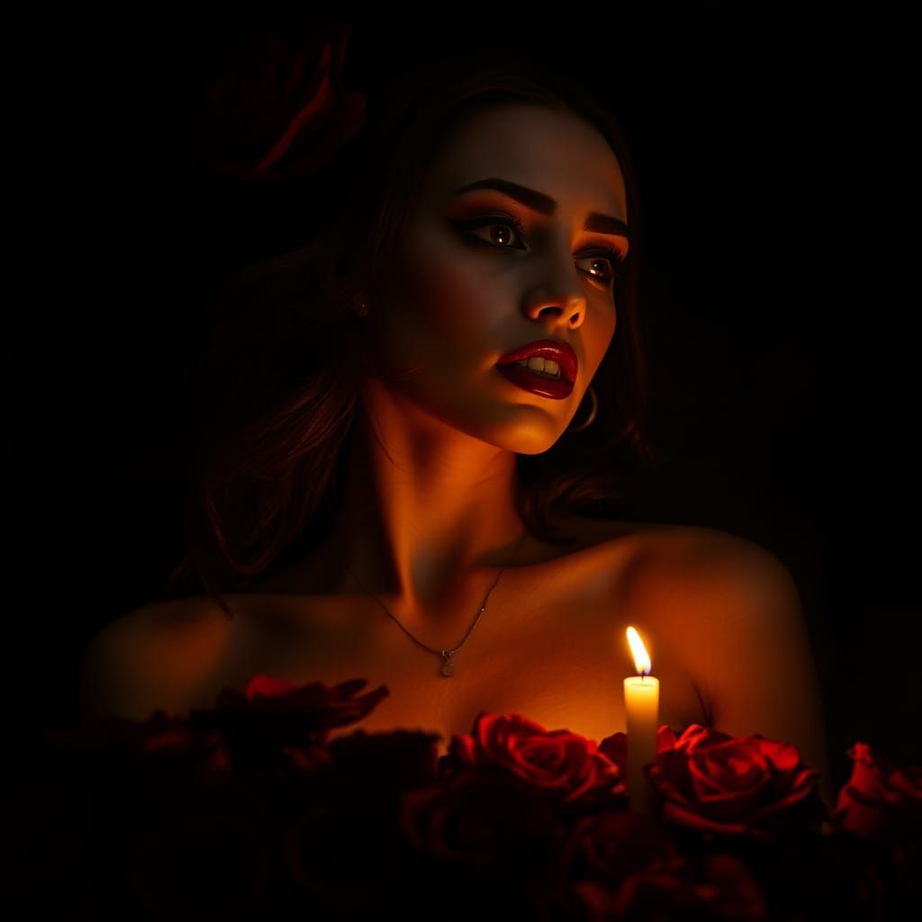 Dark Vampiress Enticement Amidst Black Roses