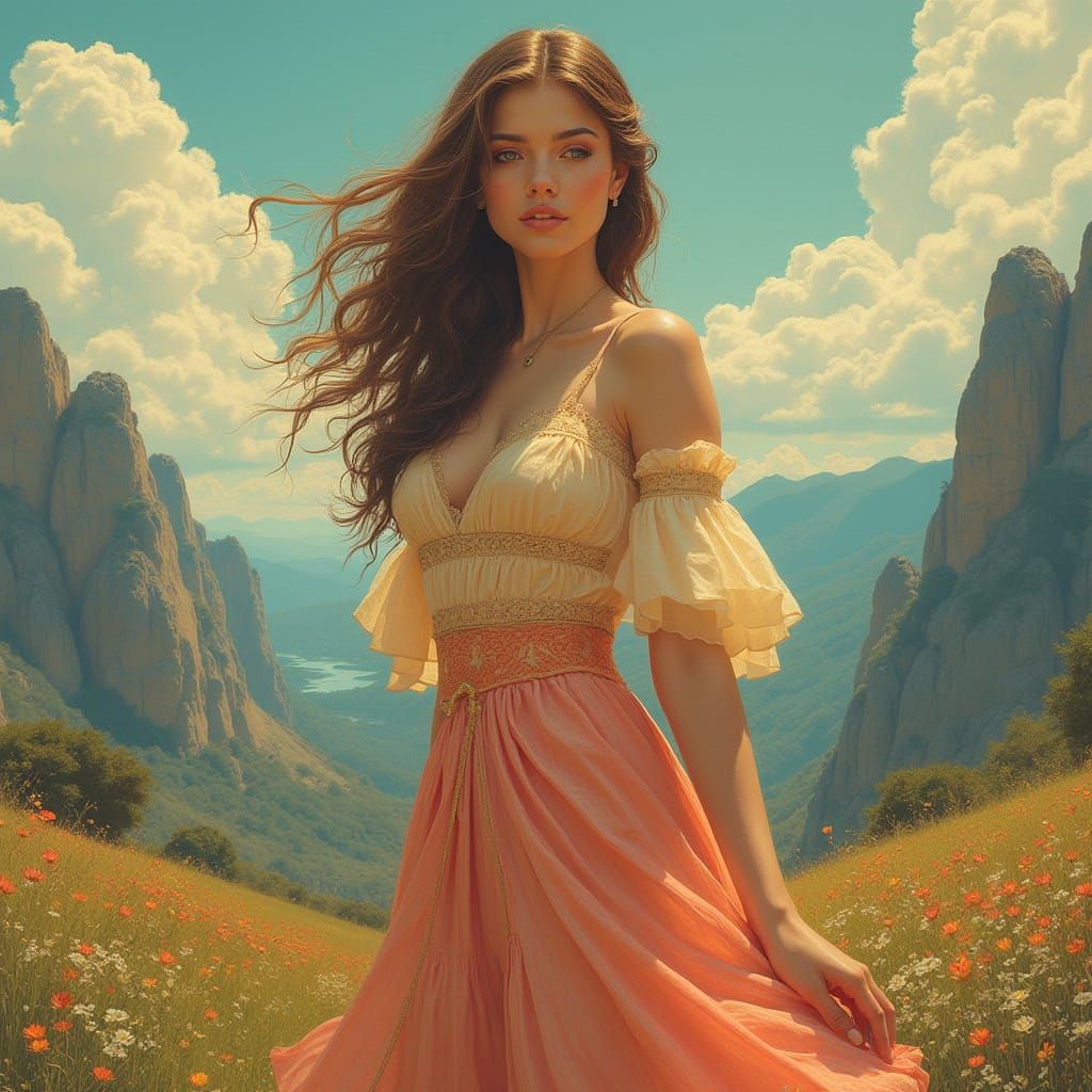 Elegant Woman in Serene Landscape, Art Nouveau Style