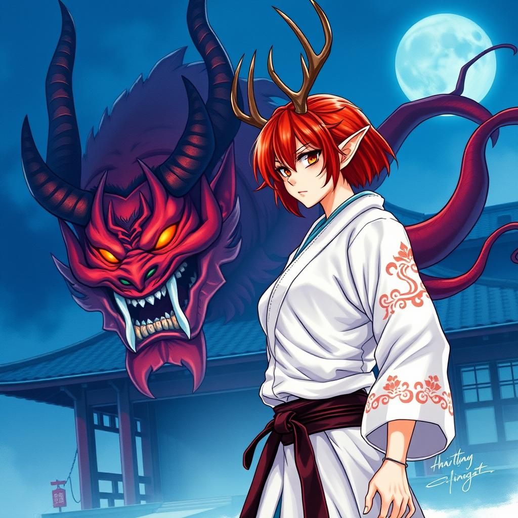 Anime Woman with Antlers Faces Oni in Gritty Manga Style
