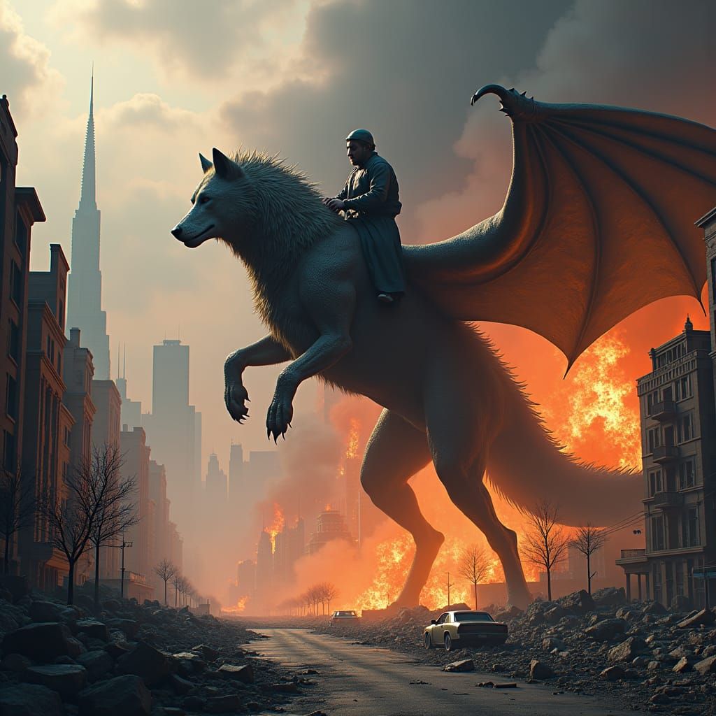 Wolf on Dragon Destroys City: Fantasy Art