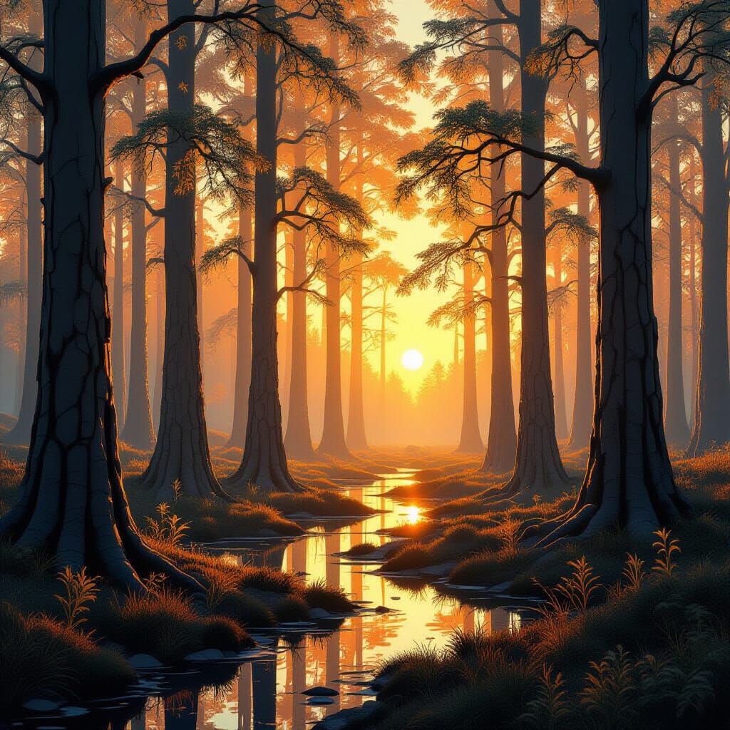 Crystal Forest Reflecting Dawn Light as Digital Art