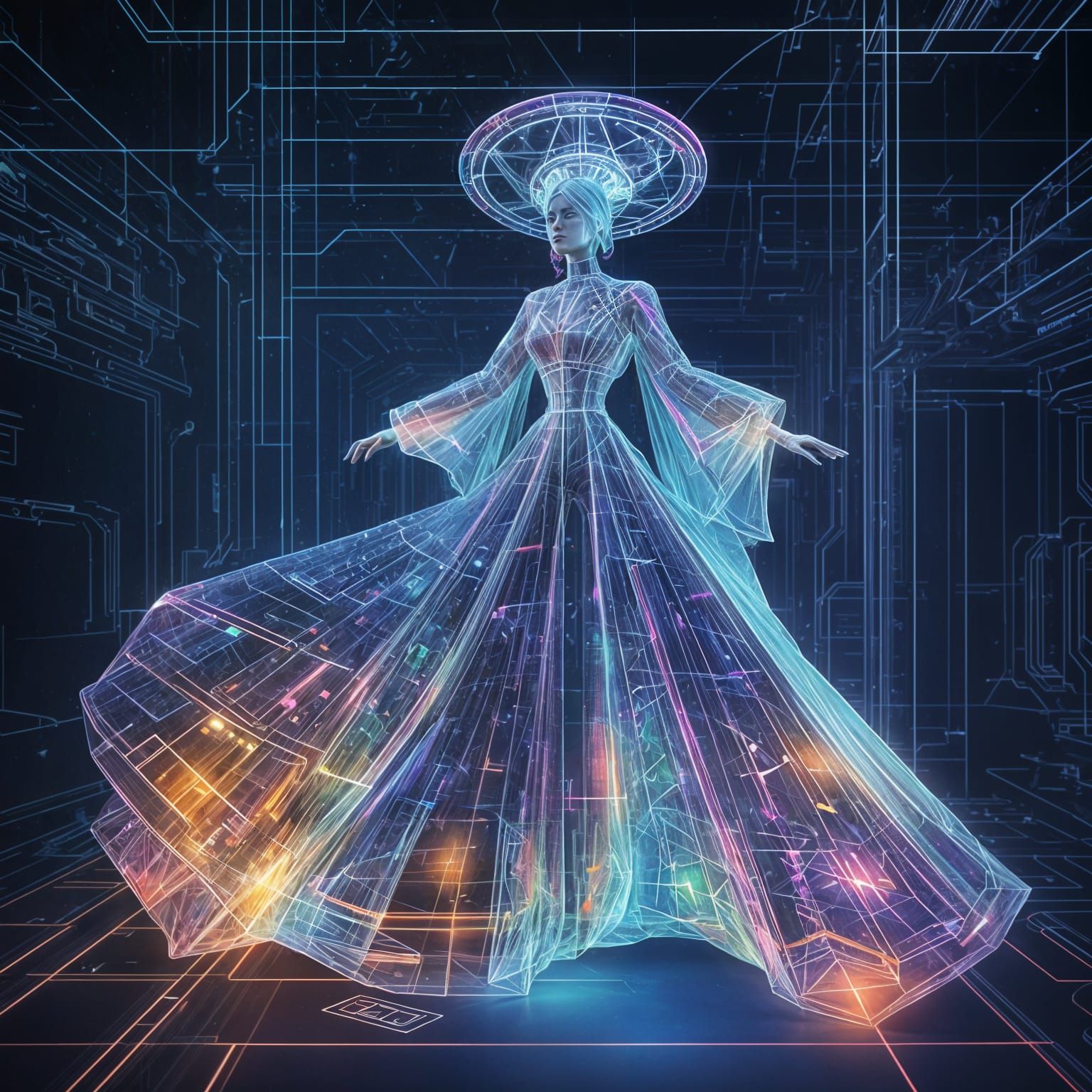 Futuristic Holographic Fashion Model in a High-Tech Lab