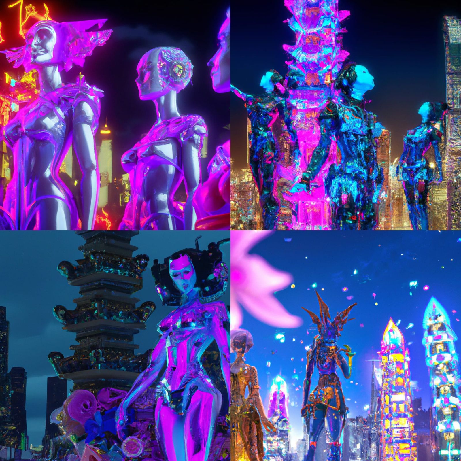 Neon Cyborg Goddesses in Electric City: Photorealism