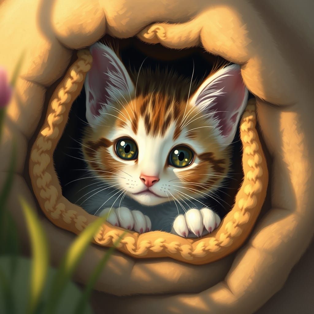 Adorable Kitten Peeking from Cozy Spot