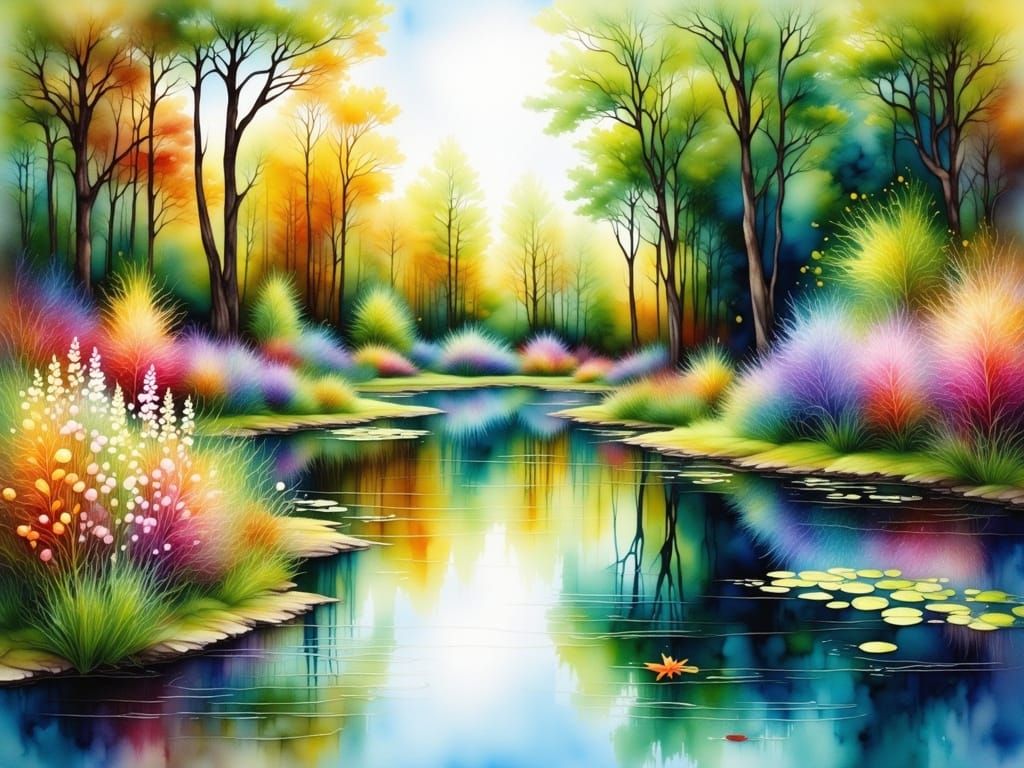 Traditional Watercolor Painting of a Serene Pond Scene