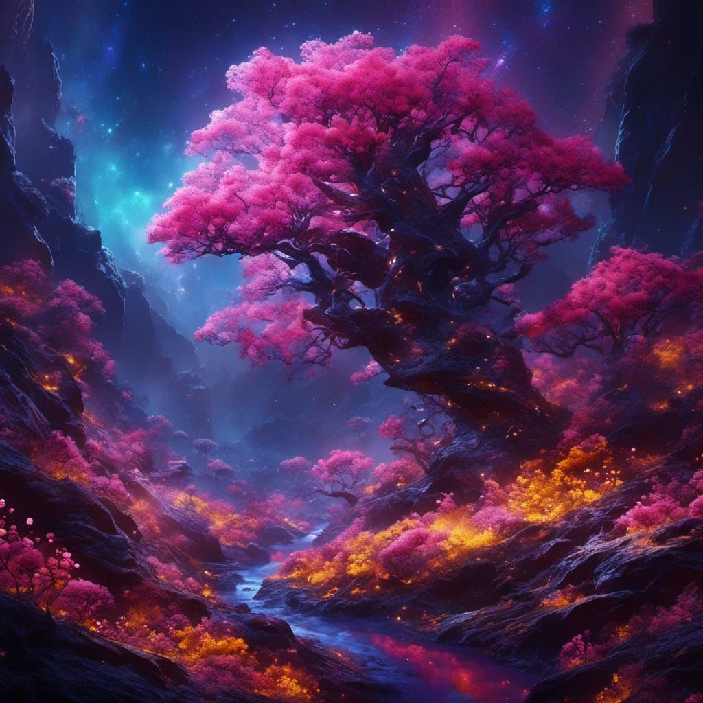 Abstract World of Reversed Flowers and Colorful Nebulae