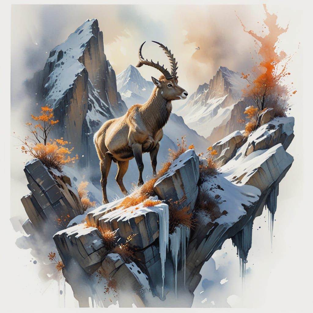 Surreal Alpine Ibex Amidst Shifting Auroras in Watercolour S...