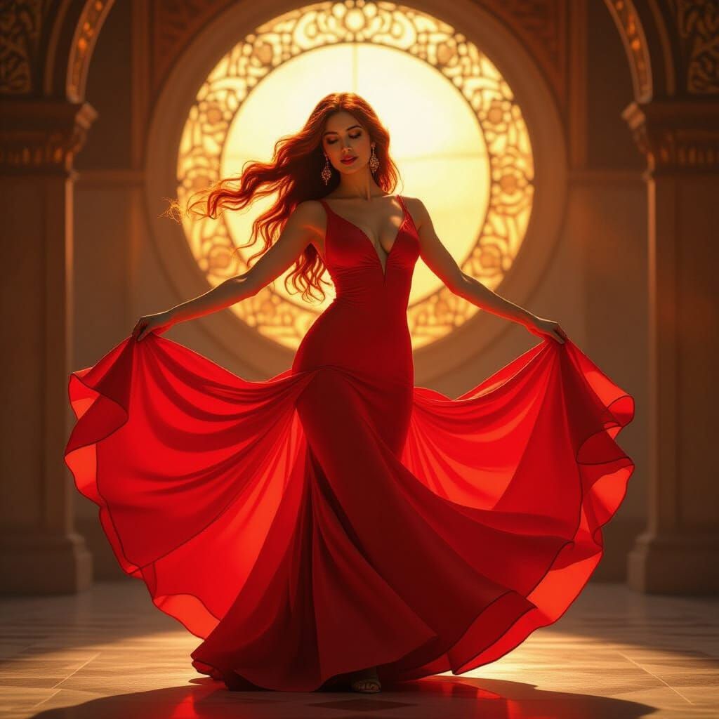 Flamenco Dancer in Red Dress with Vivid Lighting