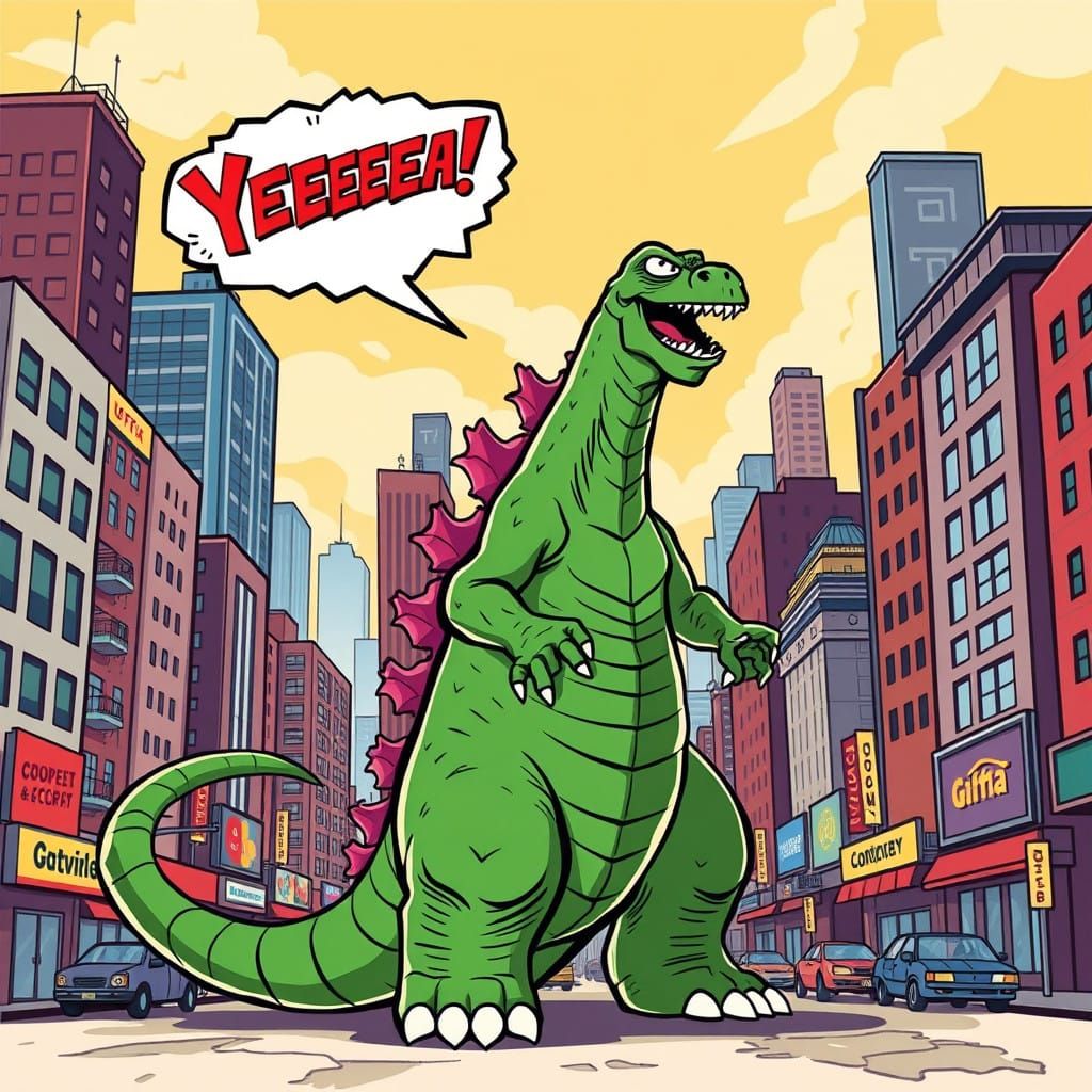 Godzilla in Classic Cartoon Style Triumphs in Bustling Citys...