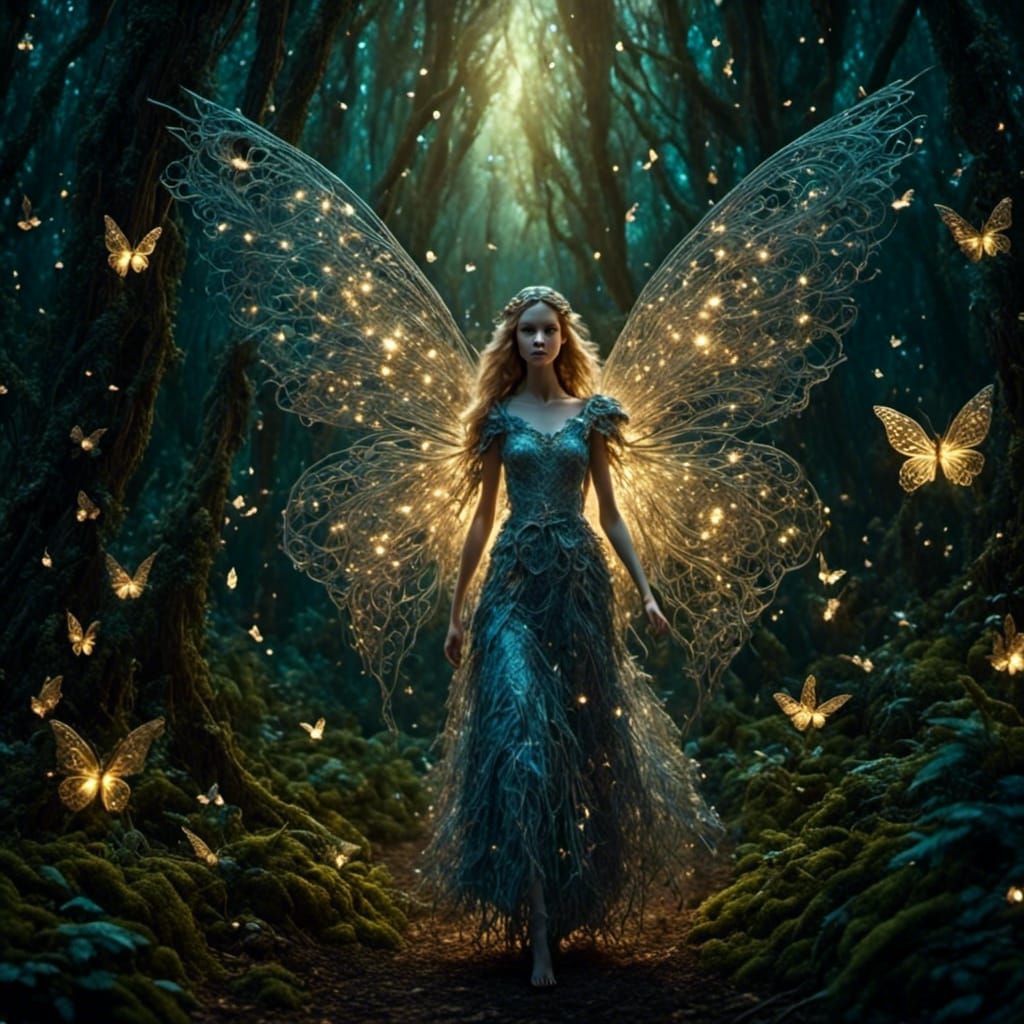 mystical fairy walking in forest