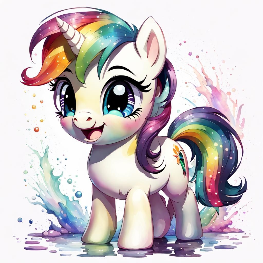 Adorable Chibi Unicorn in Watercolor Style