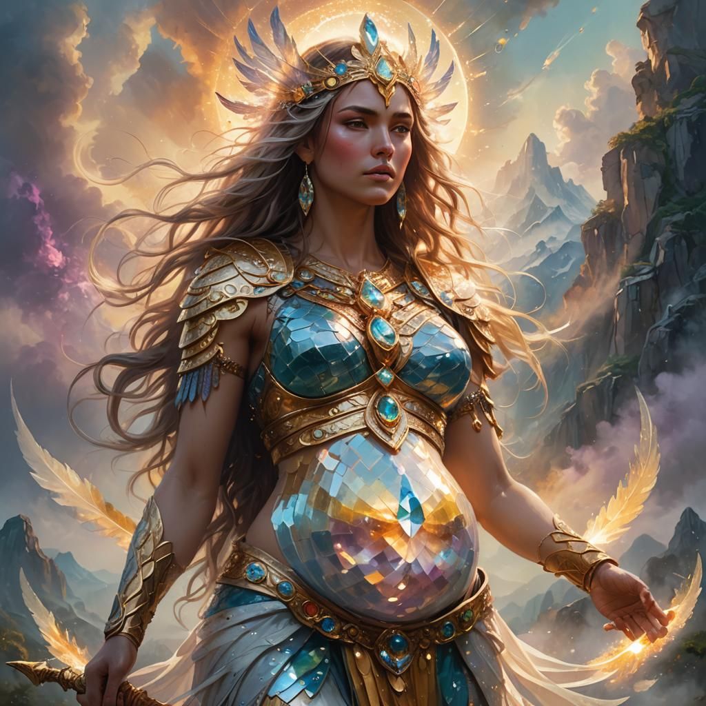 Pregnant Warrior Goddess in Serene Landscape