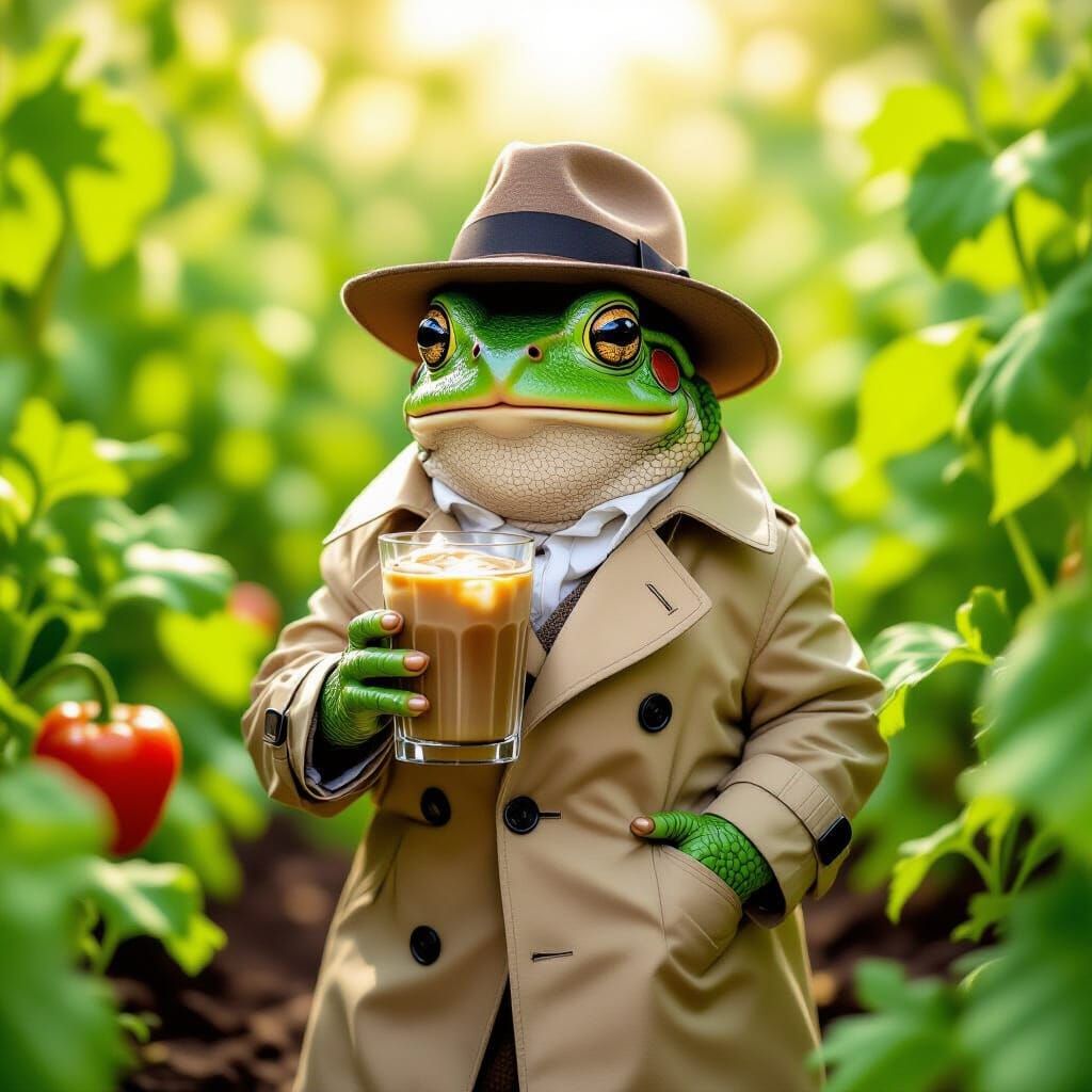 Green Toad in Trench Coat Enjoys Iced Coffee in Garden