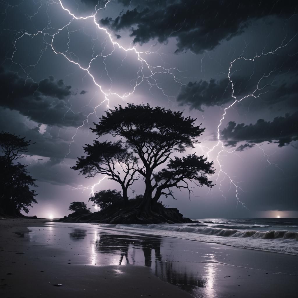 Eerie Beach at Night in Dark Surrealism