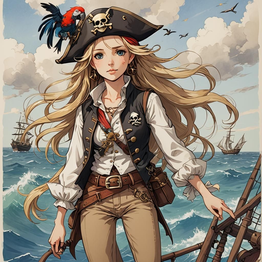 Pirate Girl with Parrot in Anime Style