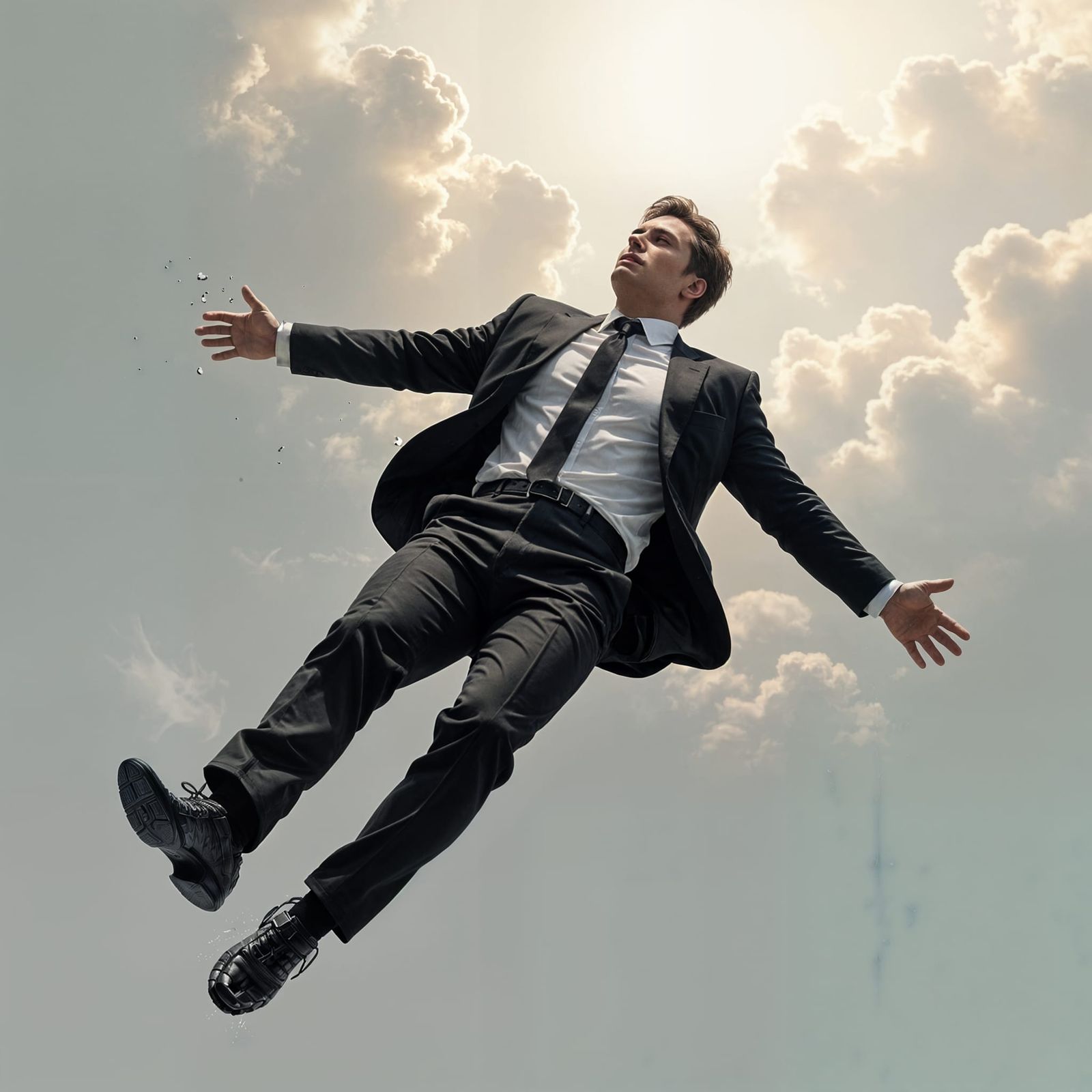 Man Falling from Sky in Black and White