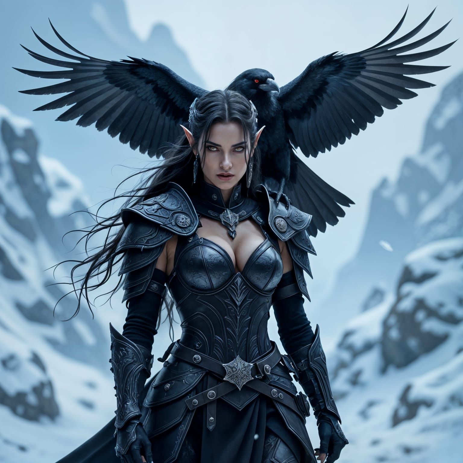 Dark Elf Warrior With Raven in Snowy Mountains