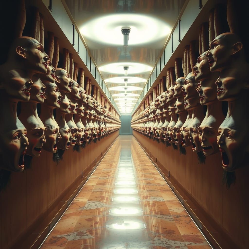 Upside-down faces line the hallway walls