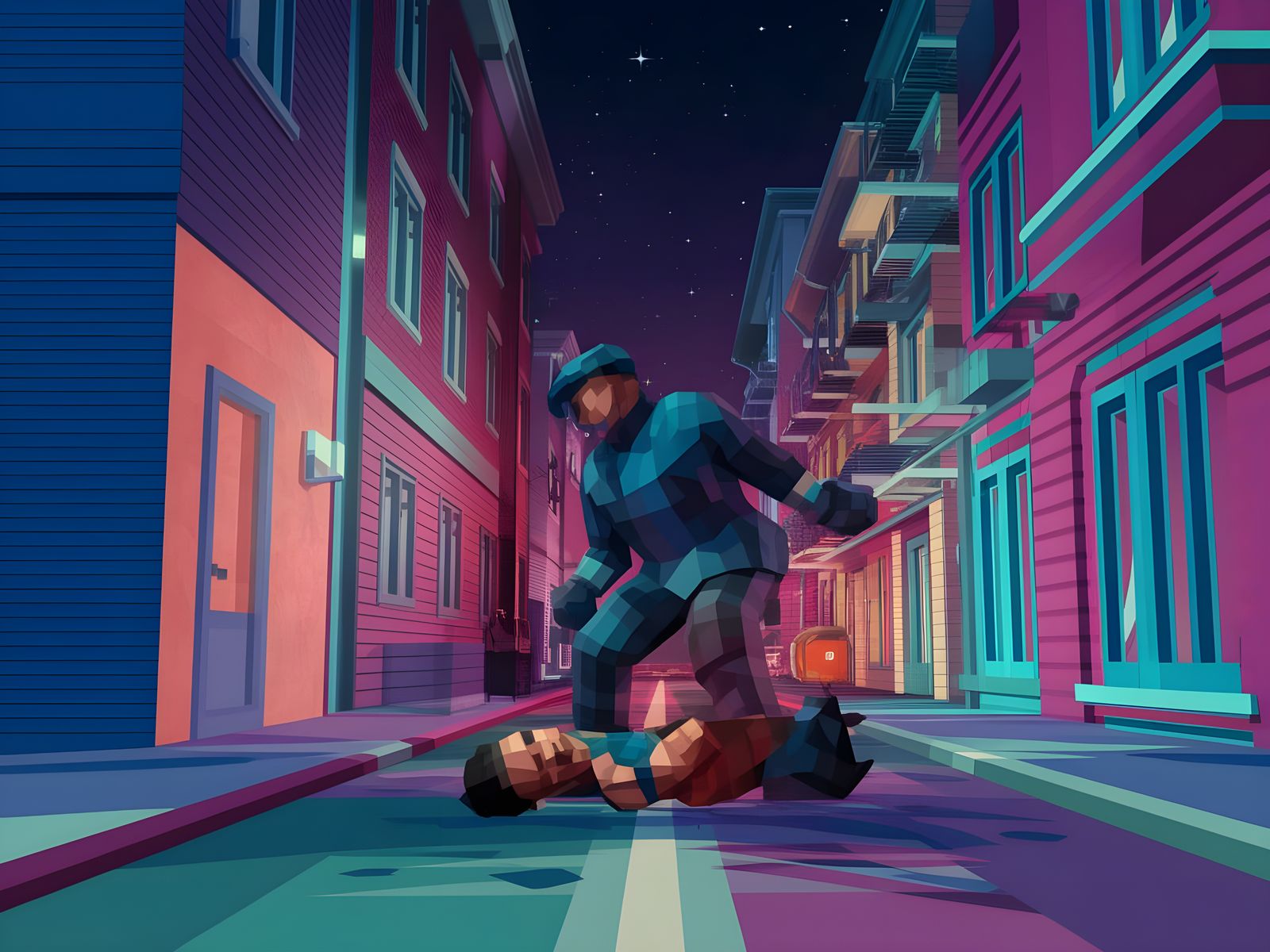 Low-Poly Back Alley Crime Scene with Exotic Colors