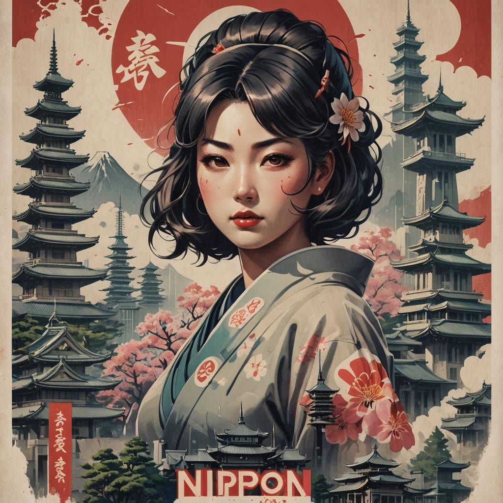 Vintage Japanese Landmarks Propaganda Poster in Brutalist St...