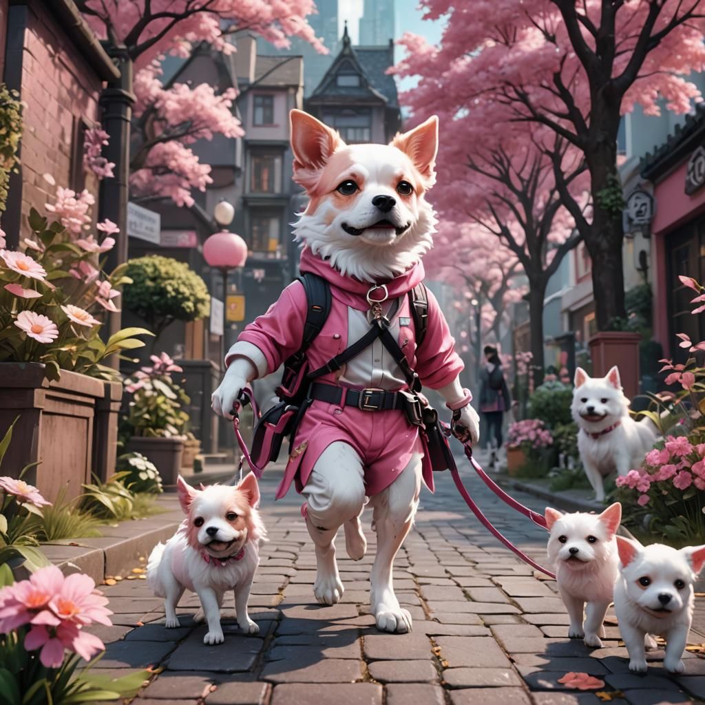 Cute Anime Transgender Dog Walker in Pink and White