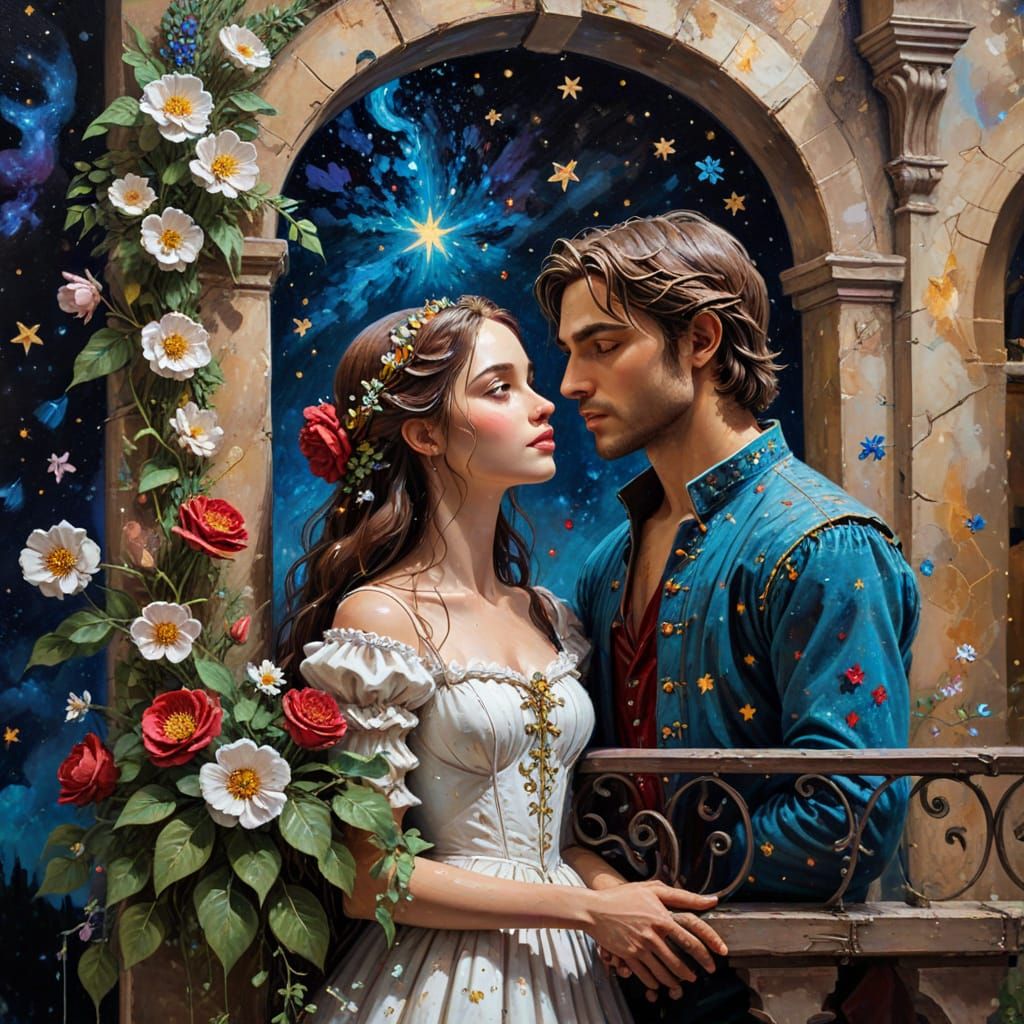 Romeo and Juliet Balcony Scene in Acrylic Impasto Style