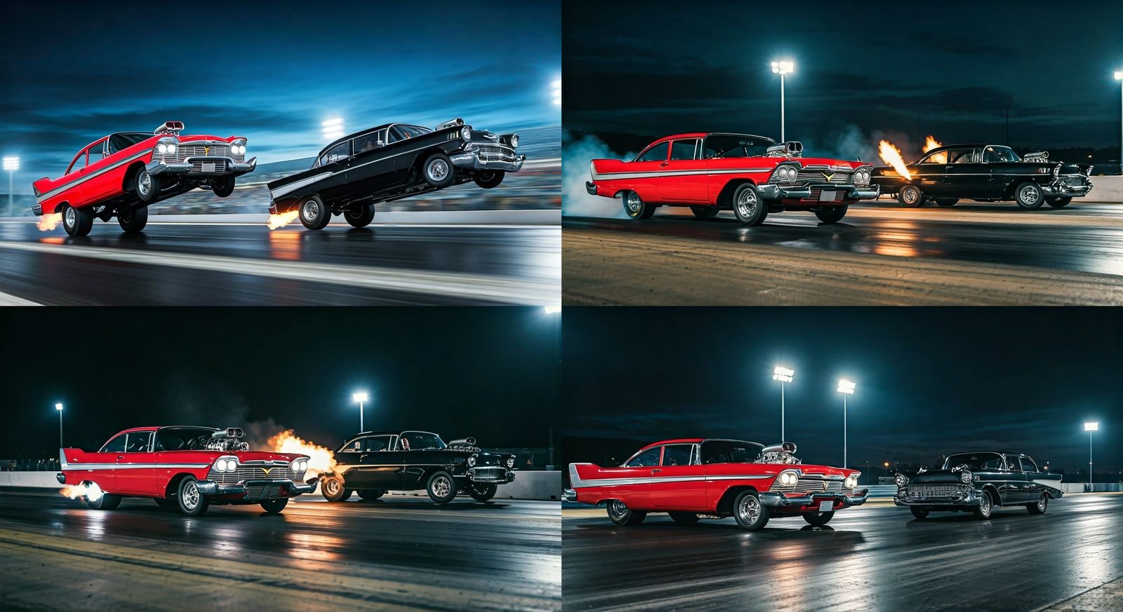 Retro Muscle Cars Ignite on a Drag Strip Under Neon Lights