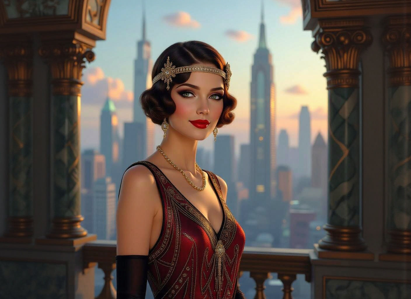 Art Deco Cityscape with Elegant Lady in Flapper Dress