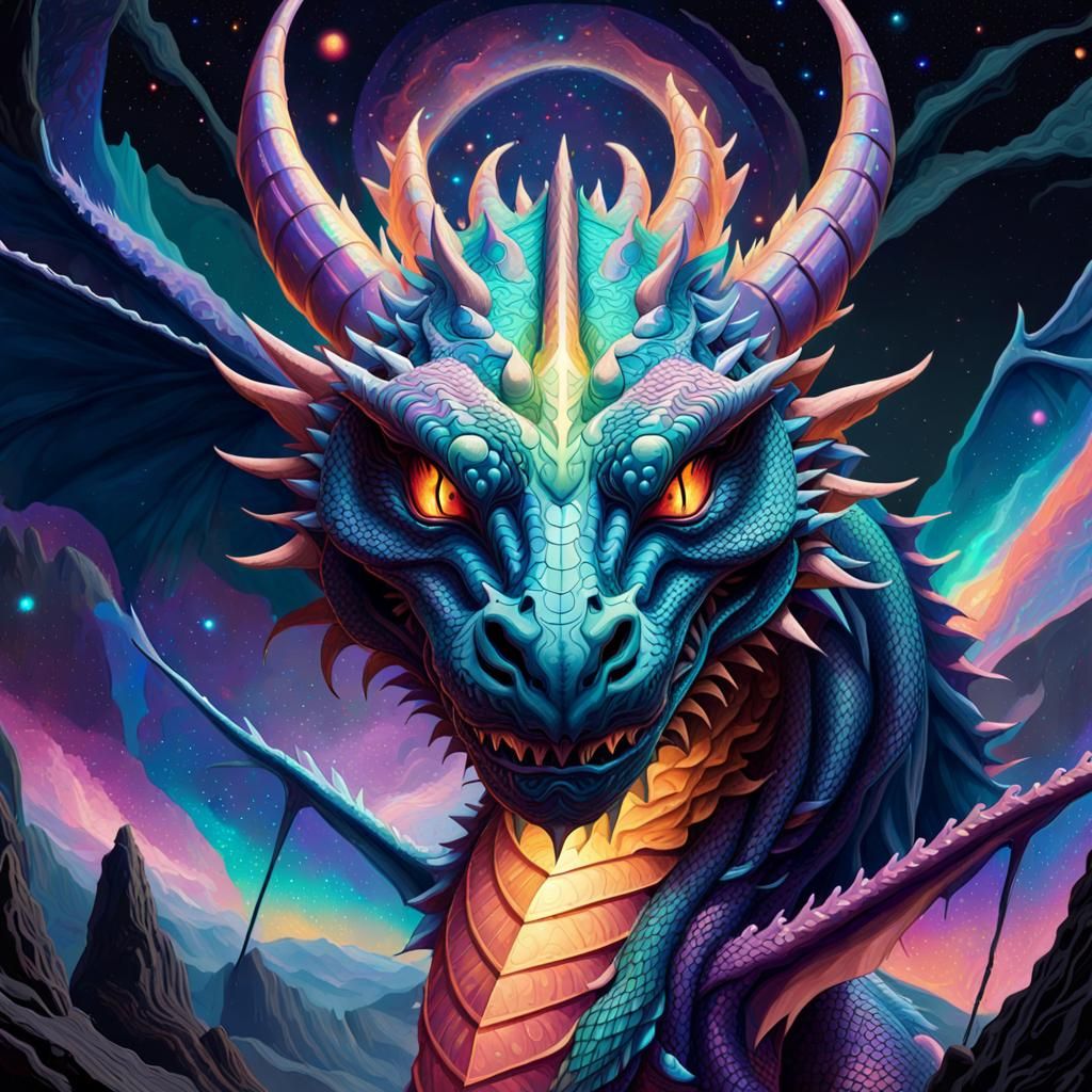 Holographic Cosmic Dragon Illustration in Pablo Amaringo Sty...