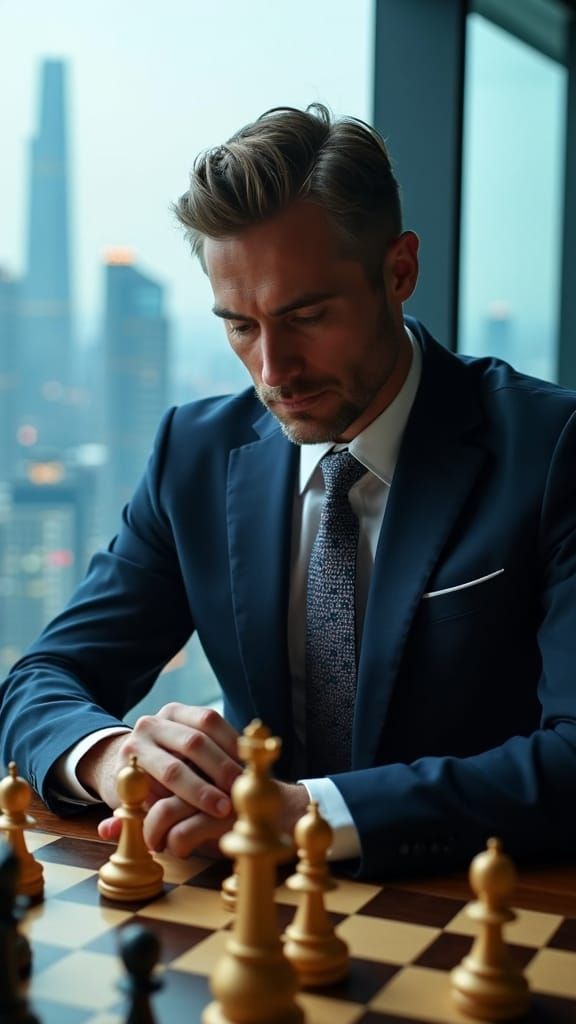 Strategic Boss in Modern Office with Chess Pieces