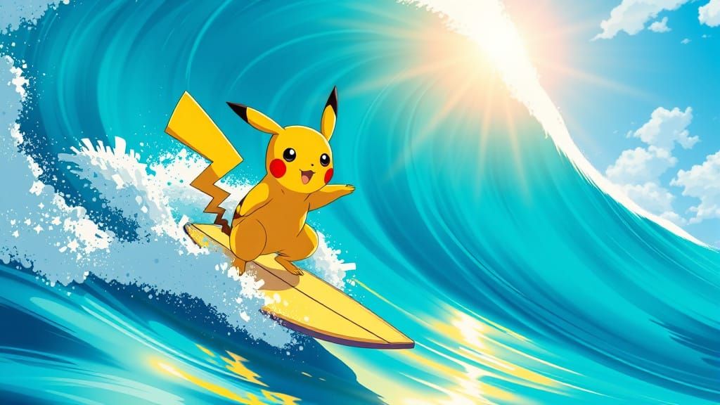 Pikachu Rides Surfboard in Vibrant Anime Style