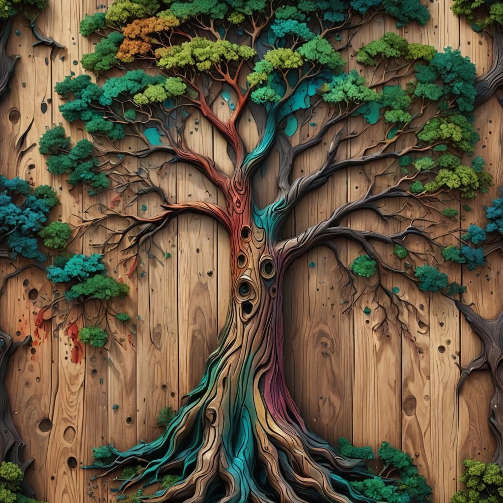 Colorful Tree Carving: Detailed Matte Painting
