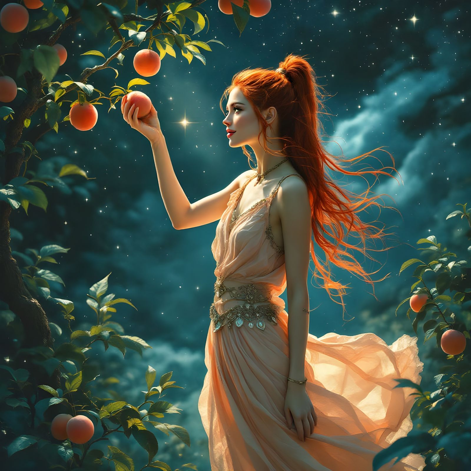 Norse Sun Goddess Reaches for Peach in Ethereal Fantasy Styl...