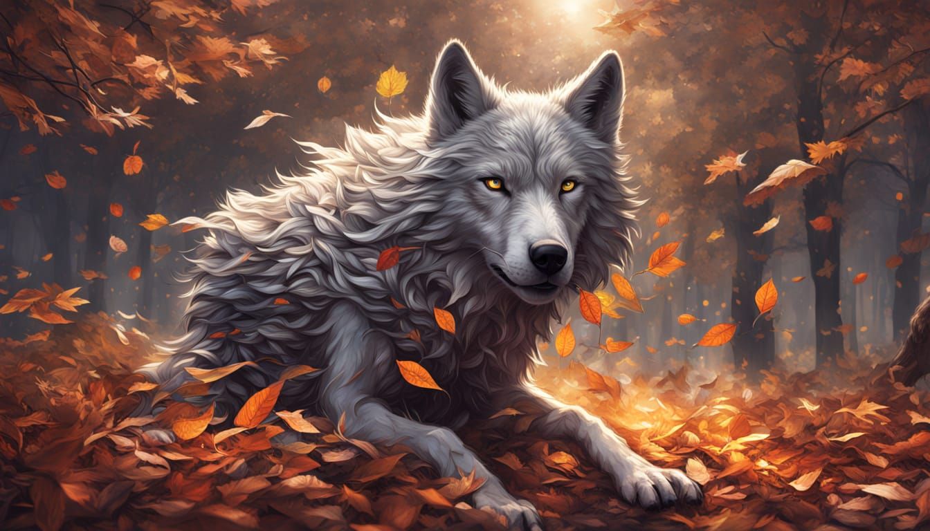 Surreal Wolf Face Dissolves into Autumn Leaves Vortex