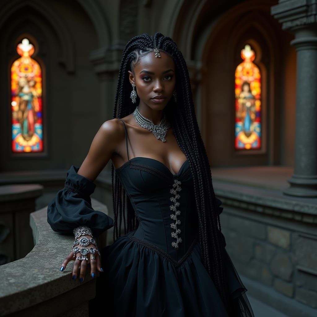 Gothic Woman in Mausoleum: Hyperrealistic Portrait