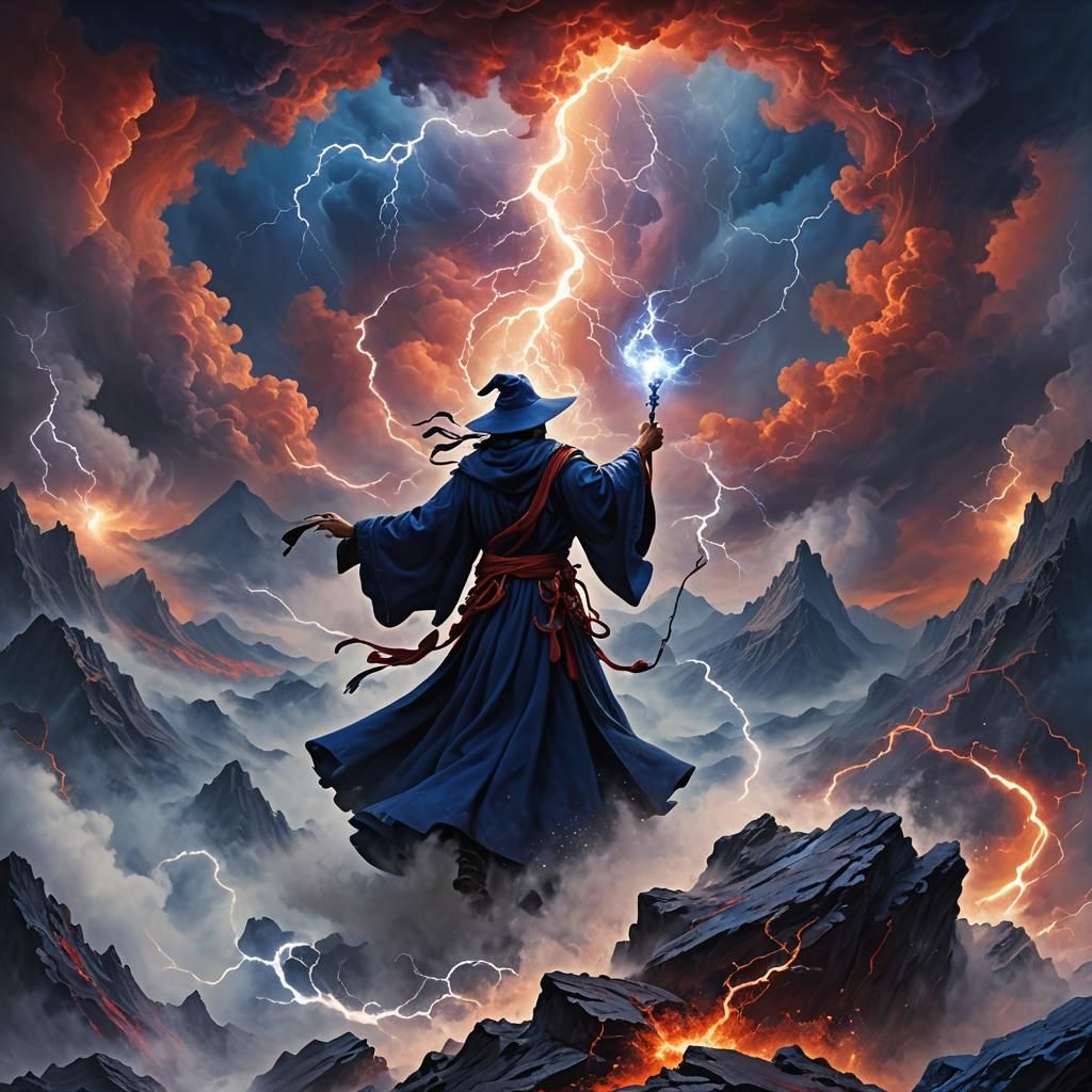 Wizard Summons Storm as Dragon Watches, Detailed Digital Art