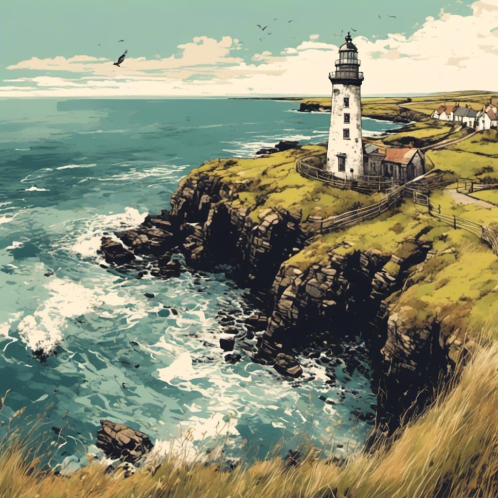Ocean Coastline with Lighthouse Illustration