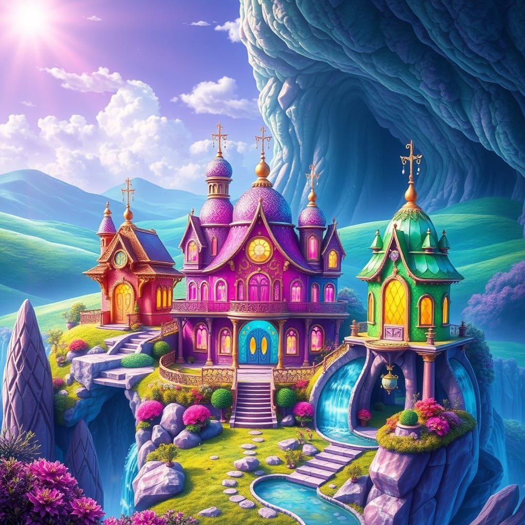 Luminous Gemstone Palaces in a Dreamlike Landscape