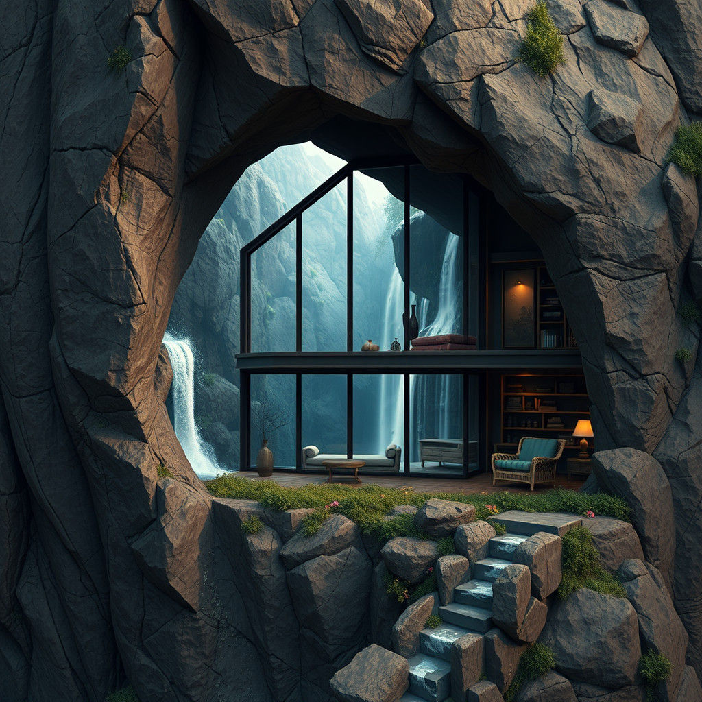 Cliffside House with Waterfall View: Cozy Interior