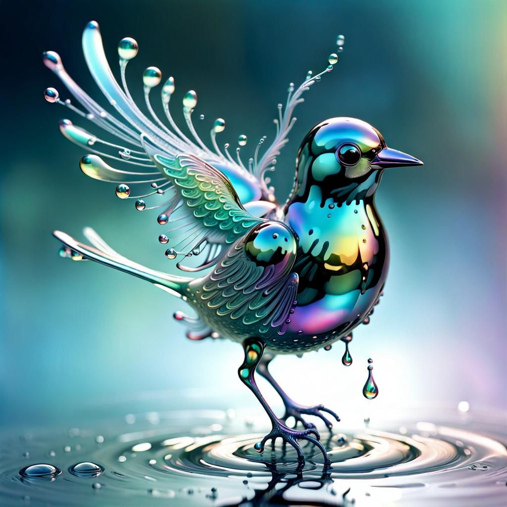 Iridescent Water Droplet Bird: Whimsical 3D Fantasy Art