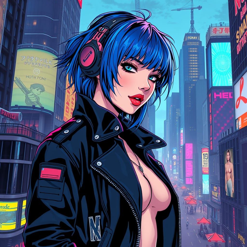 Cyberpunk Goddess in Neon Urban Landscape