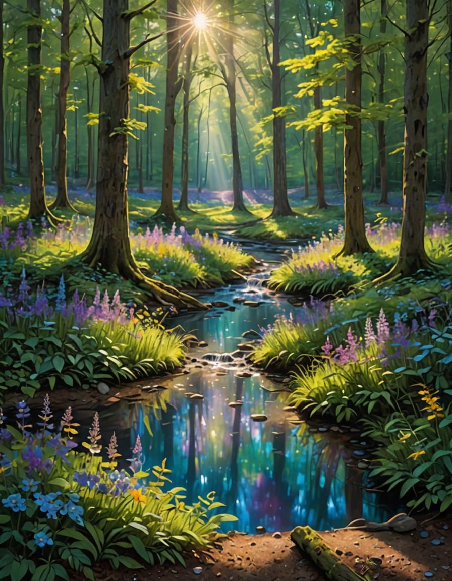 Sunlit Forest Glade with Deer, Fantasy Concept Art