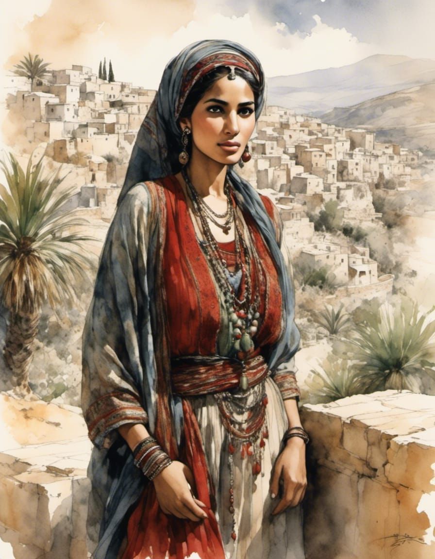 Palestinian Woman Portrait in Sketch Art Style
