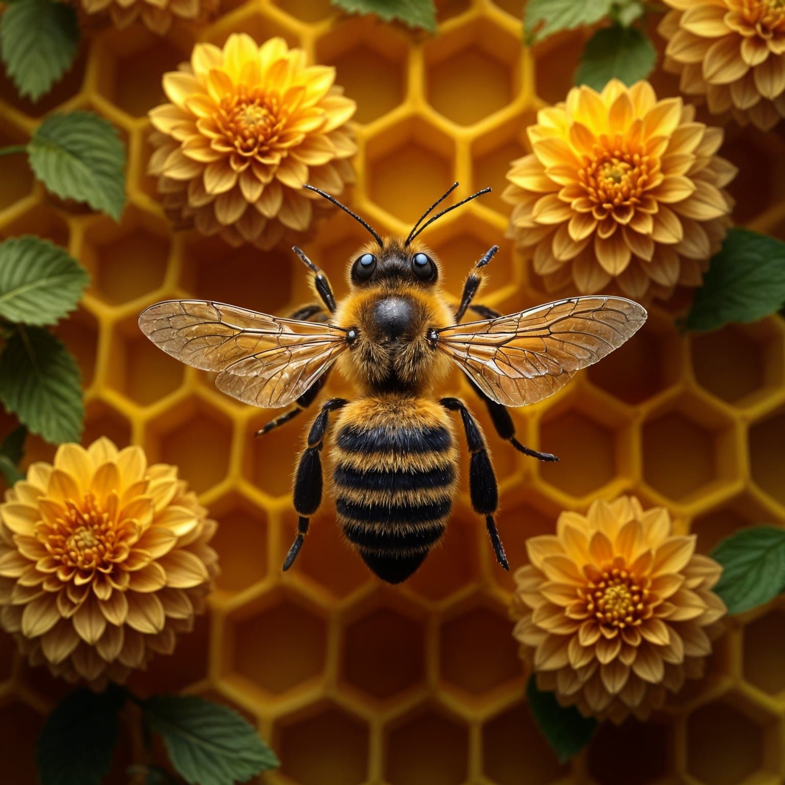 Photorealistic Bee Amidst Golden Honeycomb and Flowers